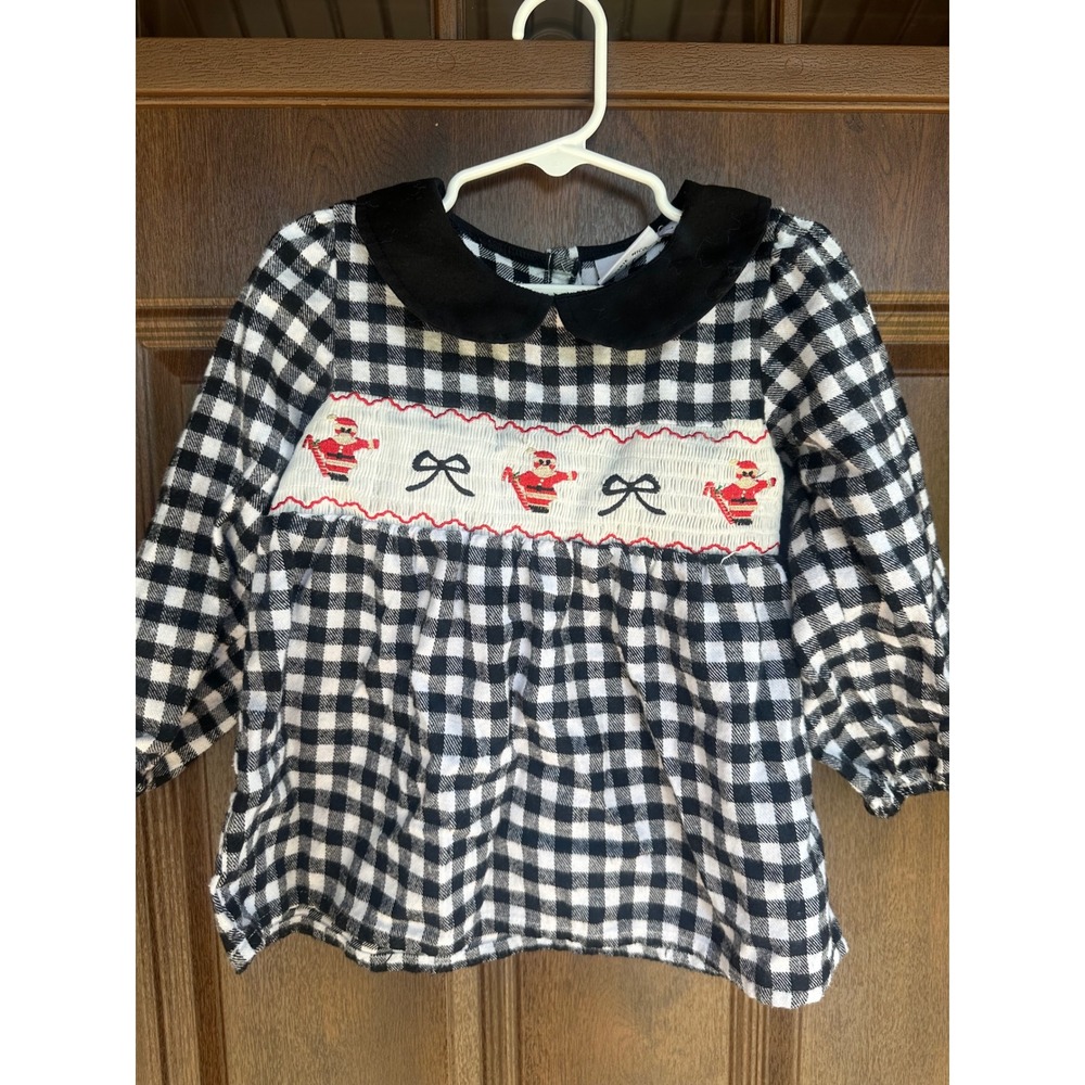 Marie Nicole Girls 4 Boutique Gingham Smocked Black & White Santa Vintage Dress